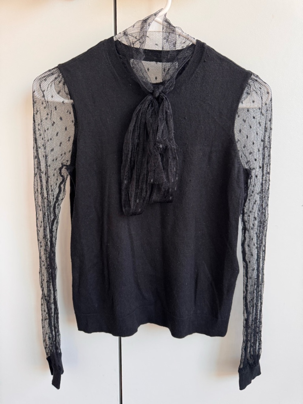Red Valentino Black Sheer Dot Sleeve Knit Top with Tie Neck size Small